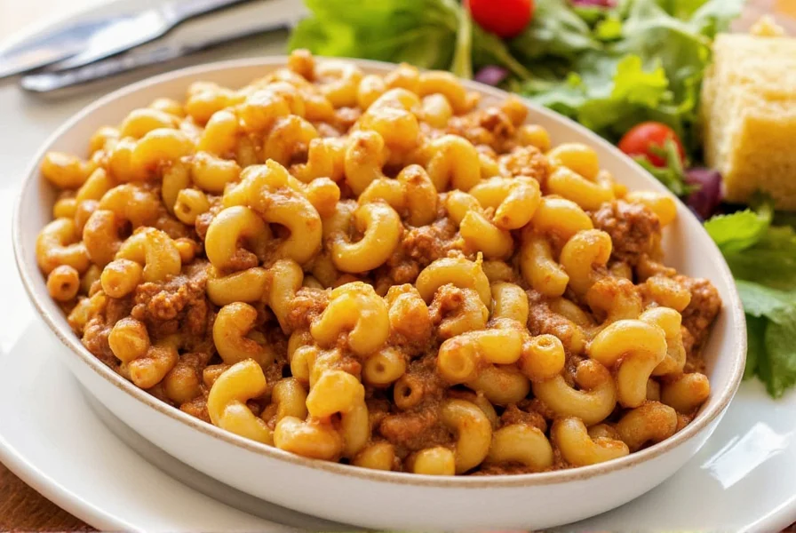 Finished chili cheese macaroni dish served in white bowl with side of cornbread and green salad