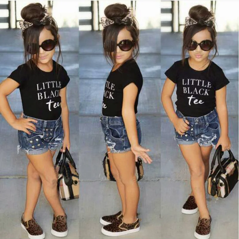 

Summer Children Girl Clothes Set Cotton Letter Short Sleeve T-Shirt Tops Denim Jeans Shorts Pants 2PCS Outfits Set, As pictures