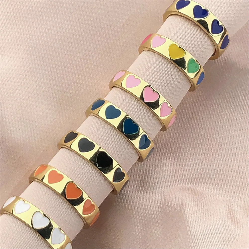 

Fashion Adjustable 18k Gold Plated Colorful Enamel Heart Open Rings Cute Candy Color Enamel Heart Rings For Girls