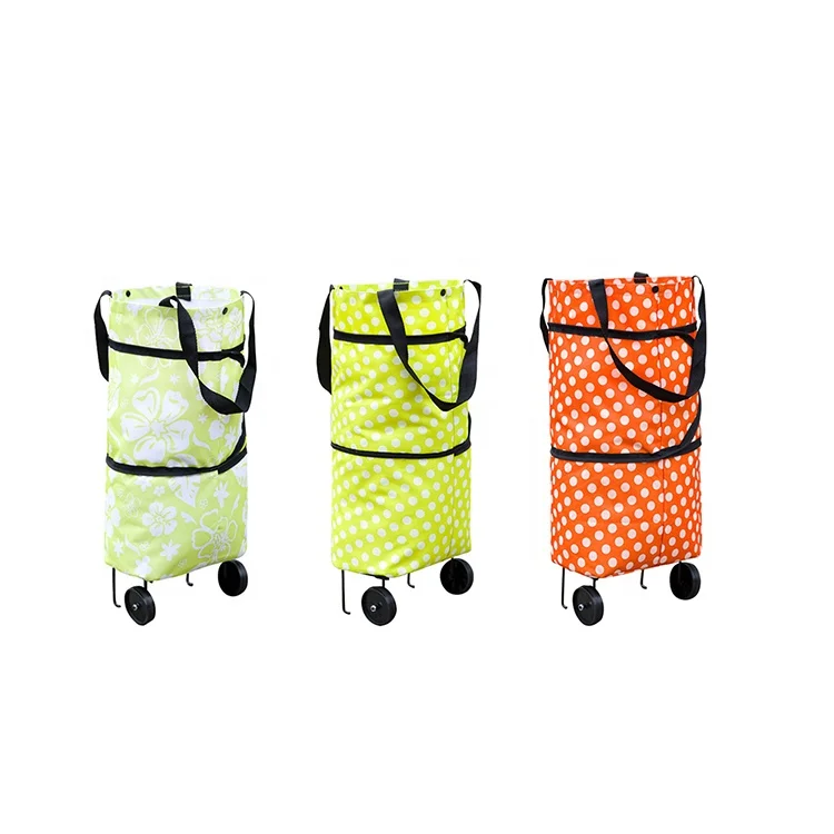 

Wholesale folding shopping cart bag waterproof grocery tote bag portable foldable market trolley bag, Green with white flower, green with white pot, orange
