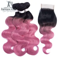 

Amanda Virgin Indian Raw Temple Hair 100% Human Hair curly Bundles with closure OT colors Body Wave 1B Pink Two Tone color