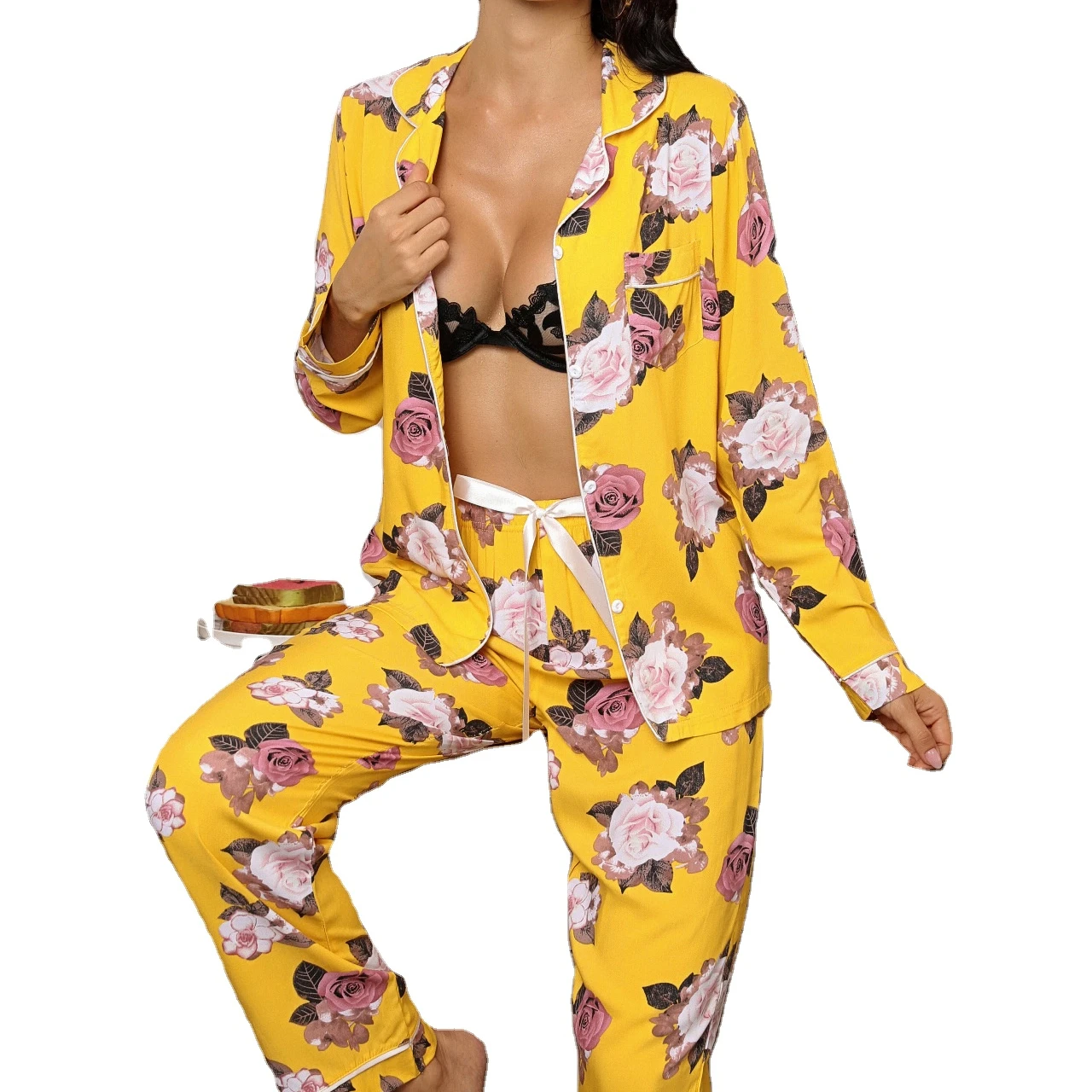 

Set cardigan lapel long sleeve shirt trousers home pajamas matching pyjamas ladies loungewear, Picture shows
