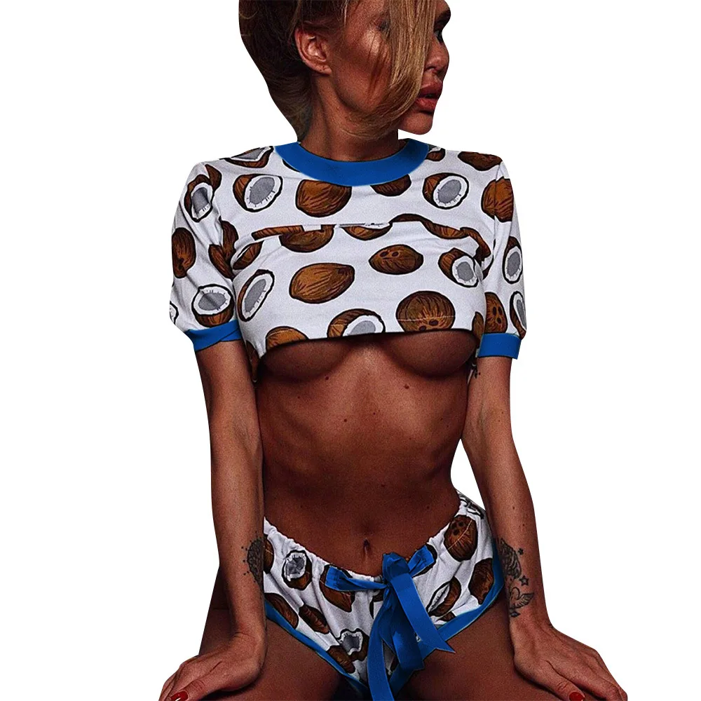 

Two Piece Set Women Clothing Short Sleeve Coconut Print Sleepwear Pajama Sets