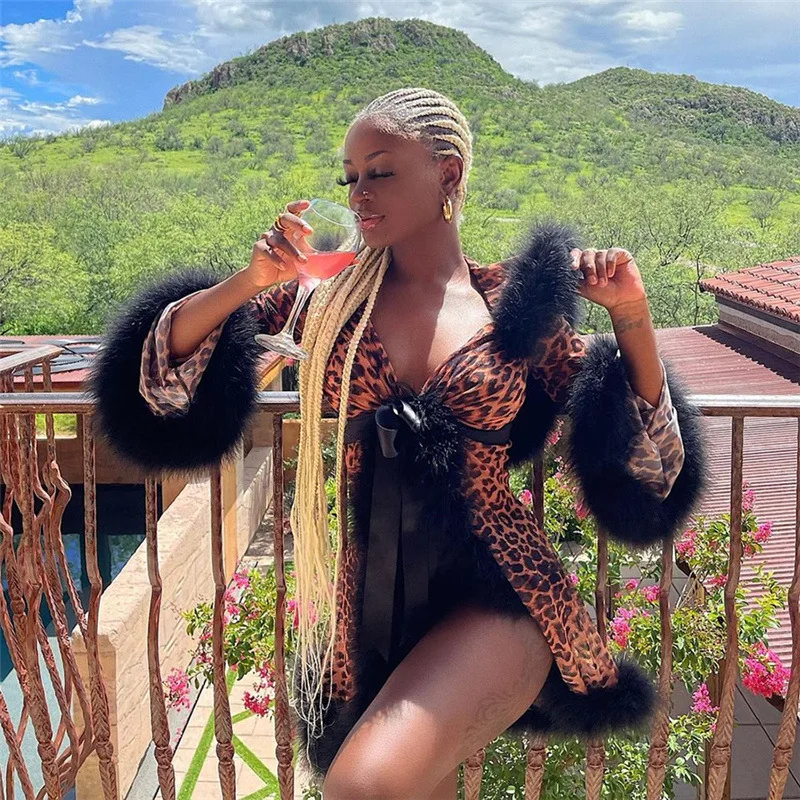 

African V Neck Leopard Print Flared Long Sleeve Mini Length Women Sexy Dresses