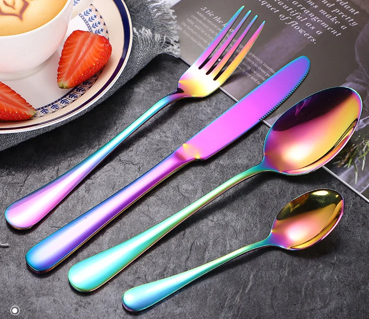 
Luxury PVD coating rainbow cutlery wooden box stainless steel colorful flatware set 