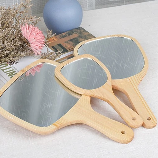 

Custom Logo Wooden The Fan Shaped Handheld 3 Size Hand Mirror Woman Makeup Mirror, Wood