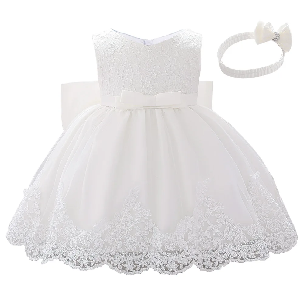 

Cute Baby Girls Clothes Bowknot Flower Dresses Lace Pageant Party Wedding Gown Newborn Infant Tulle Tutu Dress With Headband, Picture shows