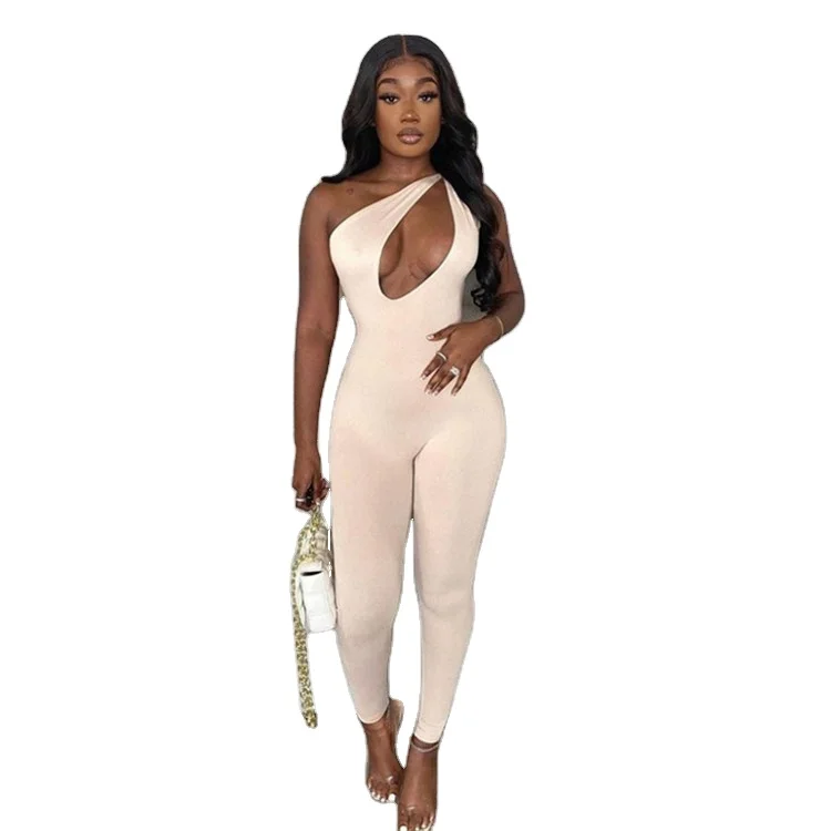 

Autumn 2021 plus size one piece rompers causal high neck sleeveless jumpsuit solid color hollow off shoulder bodycon jumpsuit