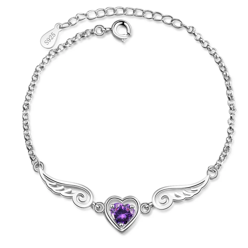 

South African Natural Amethyst Jewelry Heart Women Lovers Angel Wings Bracelet, Purple