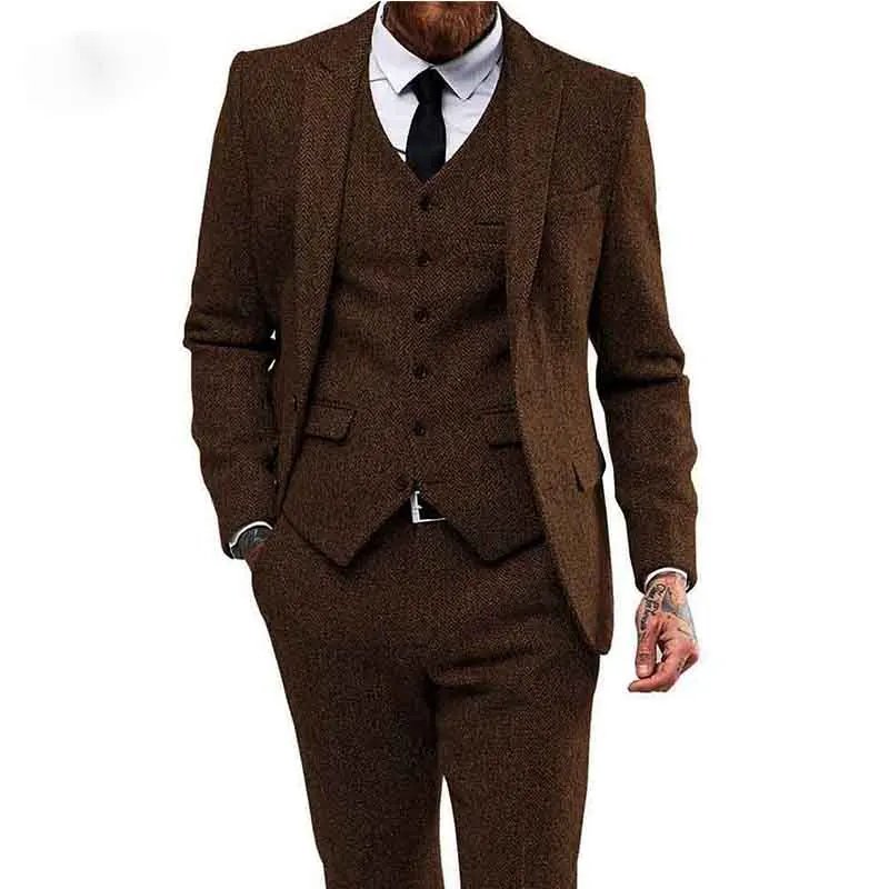 

LL131 Brown herringbone tweed men suits for wedding 3 pieces smoking blazer man suit costume homme last jacket with tuxed, Per the request