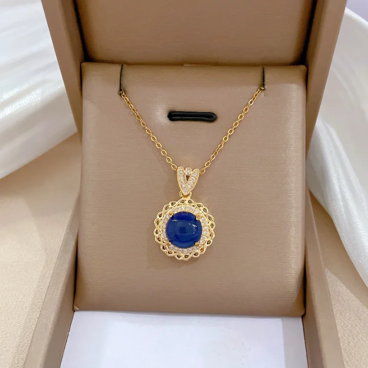 

Blue gemstone pendant stainless steel necklace for women girls fashion jewelry necklaces