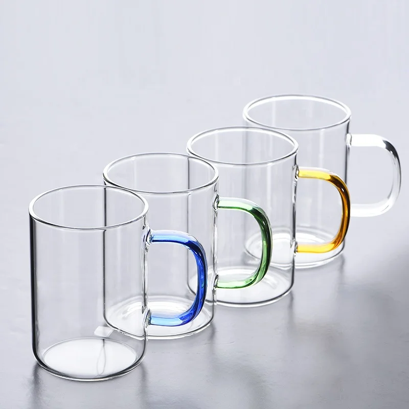 

Wholesale Custom Logo Heatproof Glass Color Tea Sets Coffee Cup with Colorful Handle and Lid, Transparent