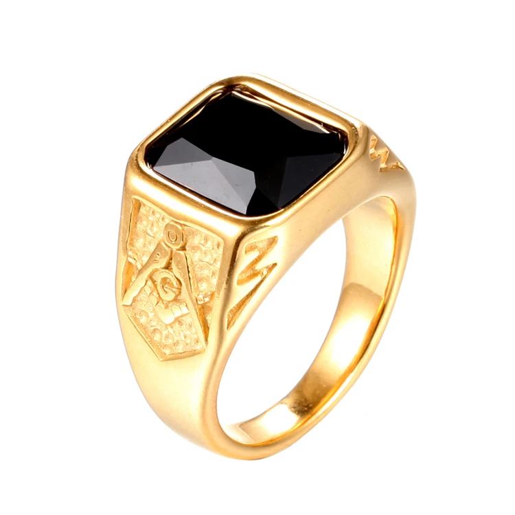 

Masonic Freemason Rings Natural Stone Gold Color Titanium Steel Geometric Square Men Signet Ring Jewelry, Red/black/green/blue