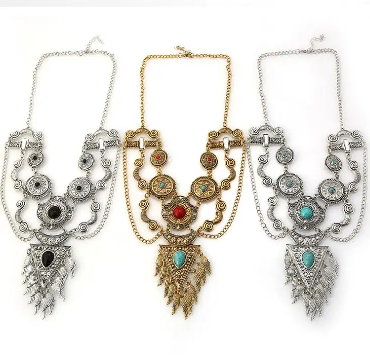 

hot sell fashion European and American big brand restore ancient ways hollow out set stone tassel necklace