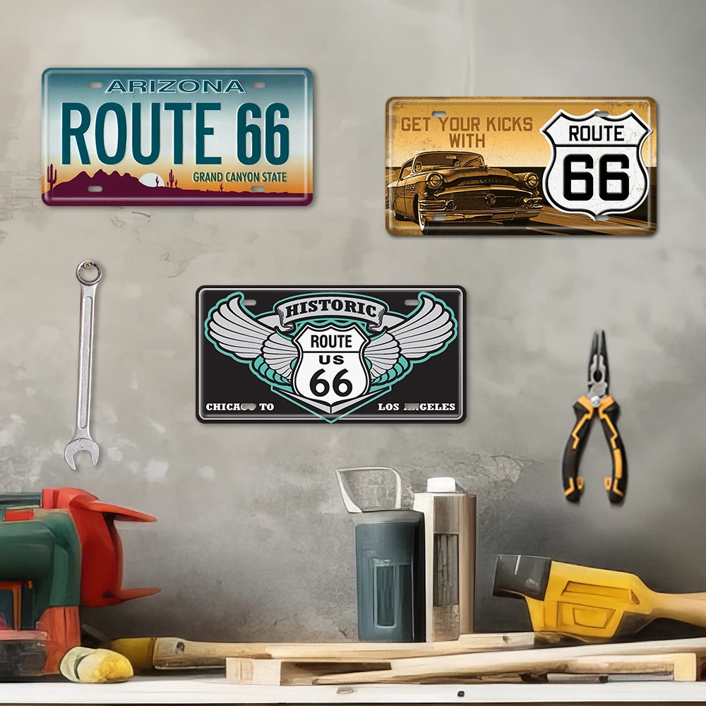 Route 66 Car License Plate Metal Sign America Wall Hanging Tin Printing Sign Garage Man Cave Decor