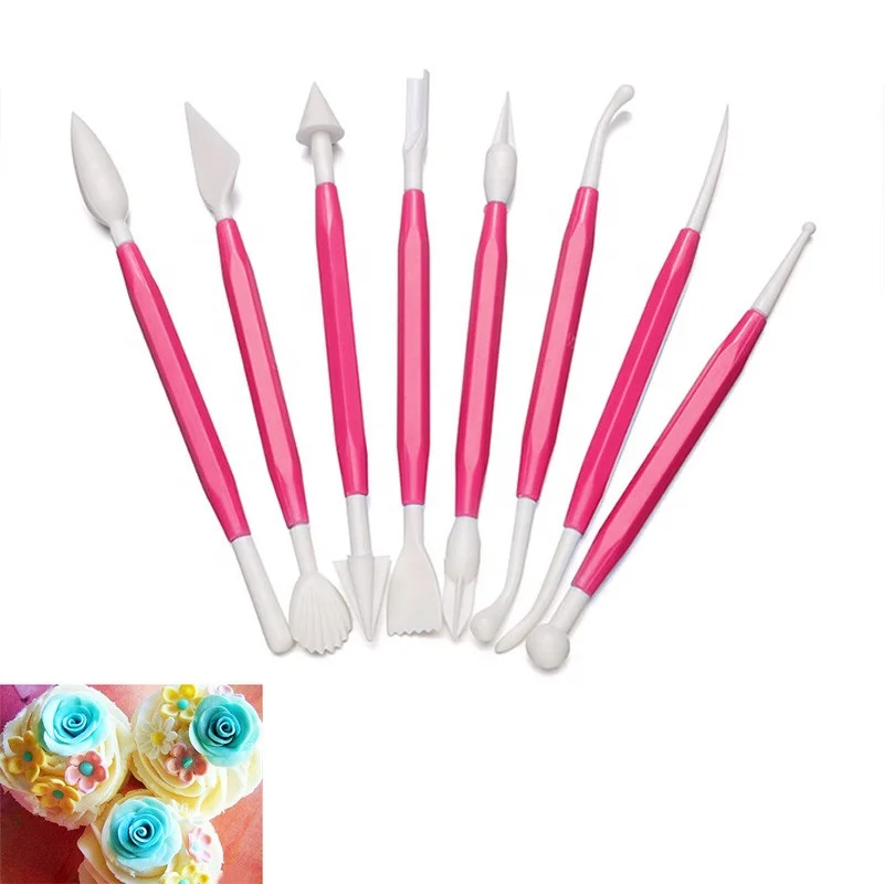 

8pcs/set Sugar Craft Fondant Cake Pastry Carving Cutter Chocolate Decorating Flower Clay Modelling Plastic Baking Craft Tool Set, As shown