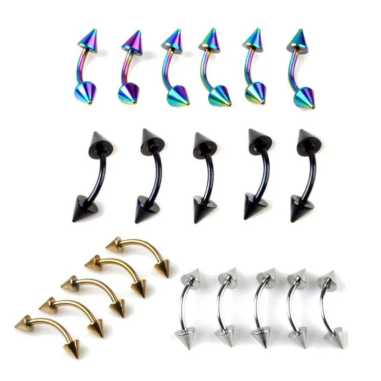 

Hot sale unique double sharp cone eyebrow ring stainless steel plated lip ring sexy tongue ring barbell piercing jewelry, Gold,silver,black,rainbow,blue,rose gold