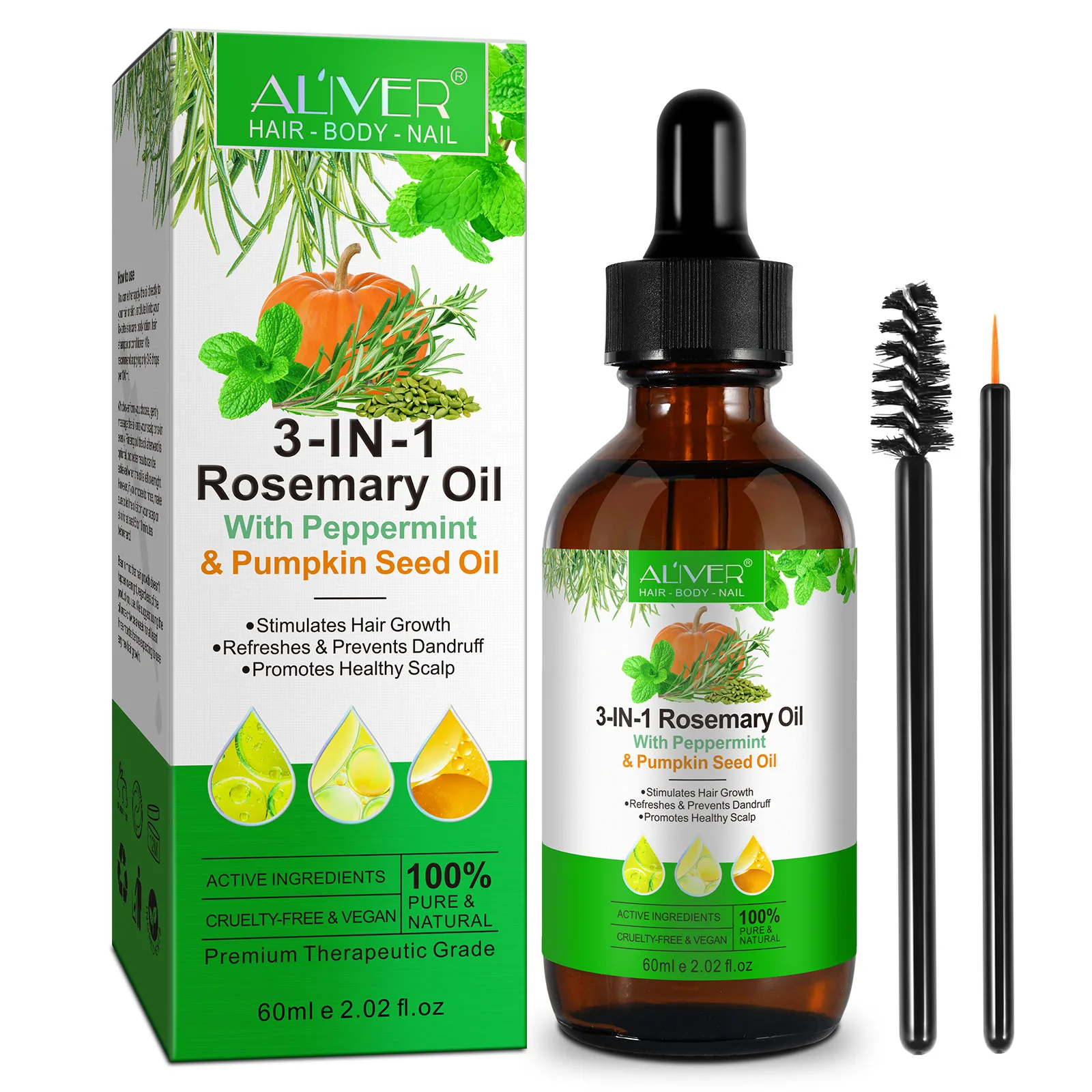 

100% Pure Natural Original 3 In 1 Hair Growth Rosemary Oil with Peppermint Pumpkin Seed Oil for Prevents Dandruff