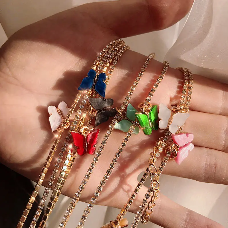 

Novel hip-hop color tennis chain butterfly pendant necklace diamond ice out single row butterfly charm clavicle chain necklace