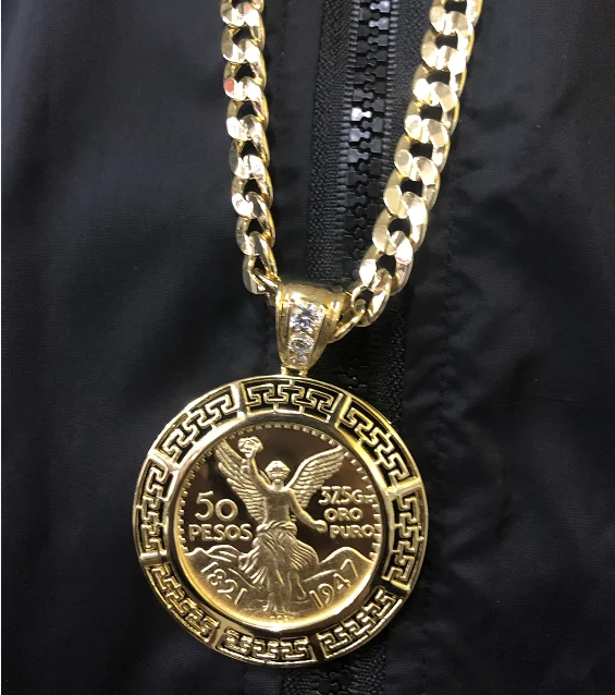 

33126 gold pendant designs, 50 Peso Mexican Coin mens pendant, badge necklace pendant