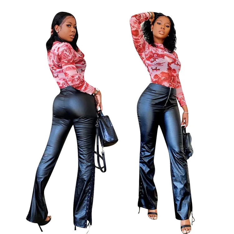 

2021 New High Waisted Fashion Trend Lace UP Hem Wide Leg Trouser Hip Sexy Women's Faux PU Leather Pants, As picture