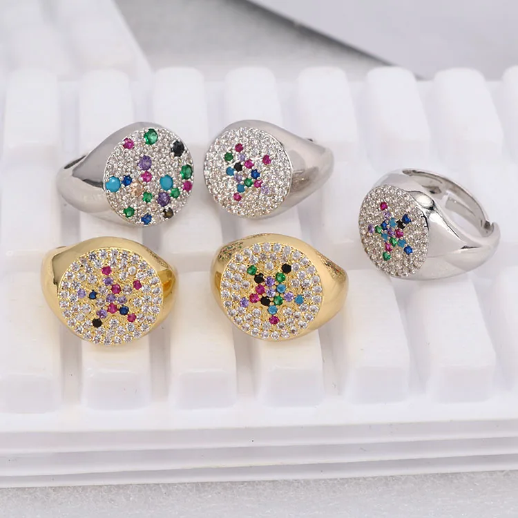 

RM1097 2020 New Chic Rainbow Diamond CZ Micro Pave Star Flat Disc Adjustable Rings For Women Ladies