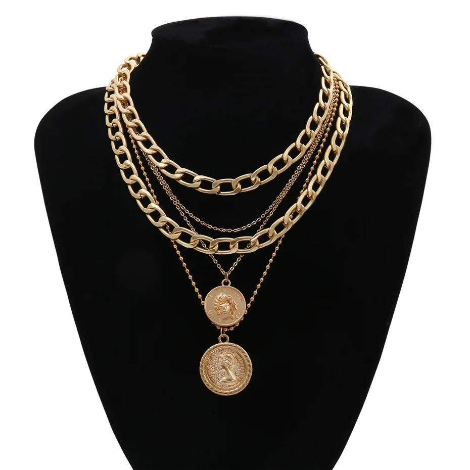 

Shangjie OEM Vintage Multilayer Coin Pendant bohemian jewelry necklace head made necklaces, Sliver/gold