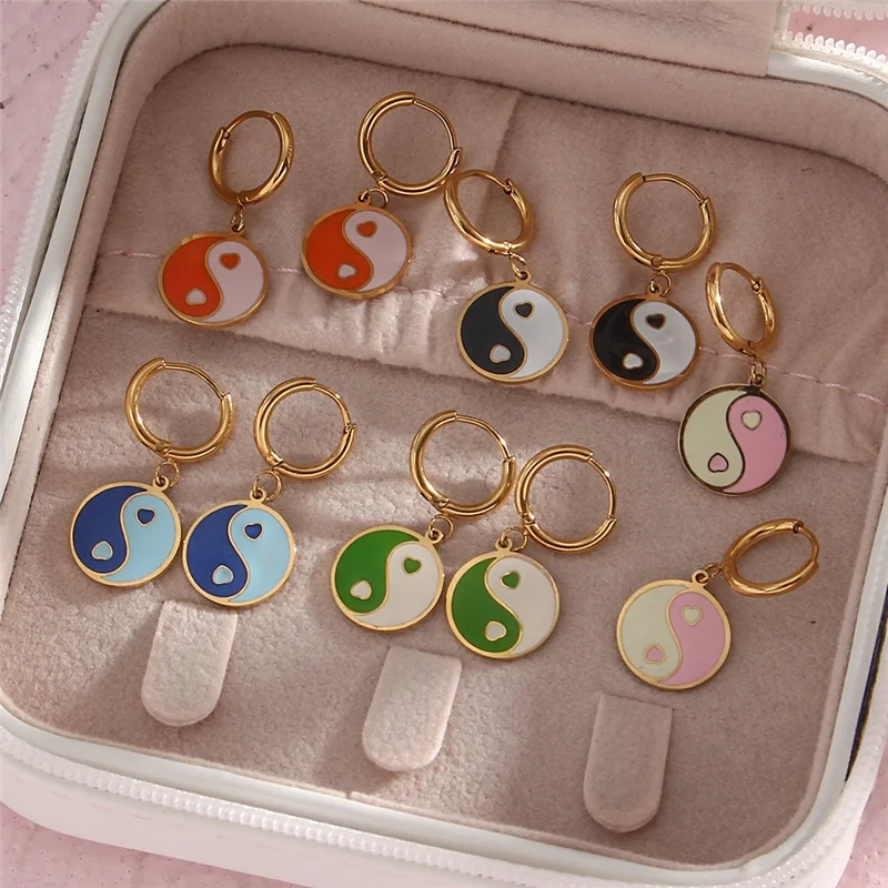 

Vintage Y2k Yin Yang Tai Chi Enamel Charm Handmade Colorful Heart Drop Earrings 18K Gold Plated Stainless Steel Women Jewelry