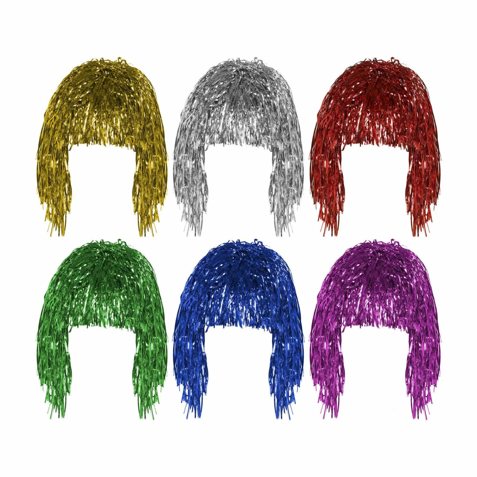 

Shiny Metallic Retro 80s 90s Foil Tinsel Disco Wig Fancy Dress Costume Accessory Hat Wigs