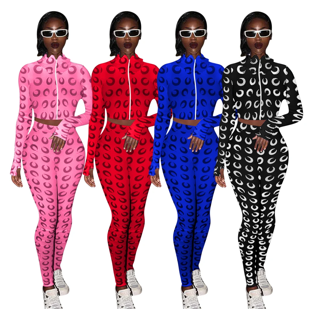 

Drop Shipping Two Piece Printed Zipper Sports And Leisure Plus Size Women Trouser Suit, As picture