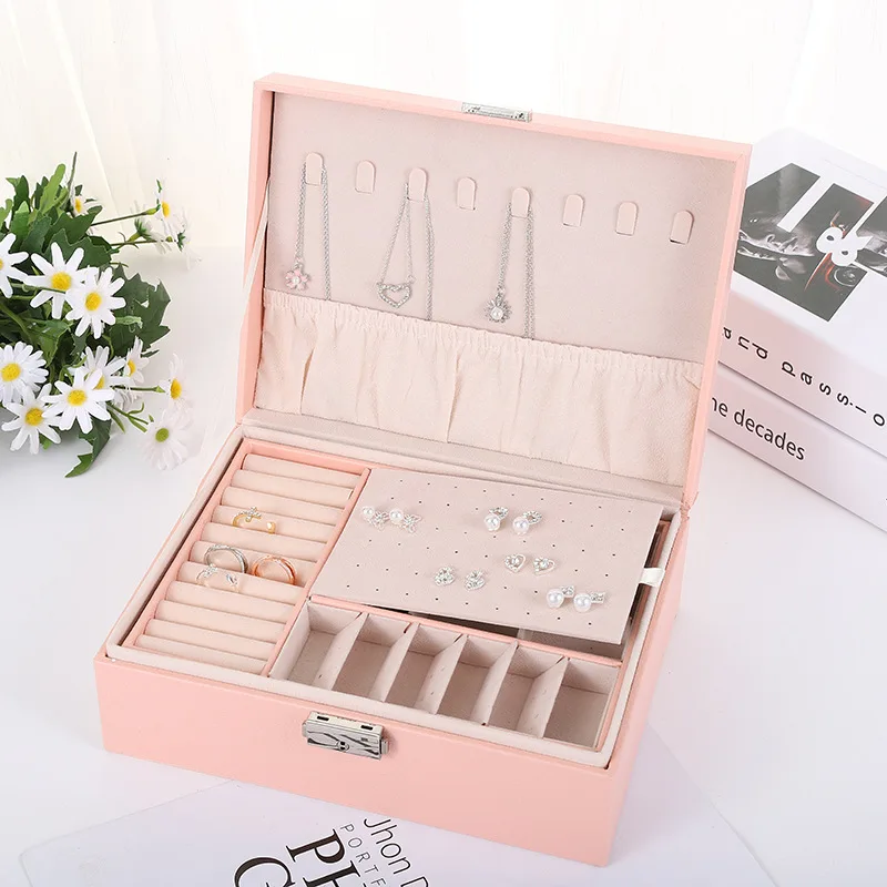 

DS066 2 Layer Large Jewelry Storage Case Removable Tray Display Jewel Organizer Holder PU Leather Lockable Jewelry Box, 3 colors