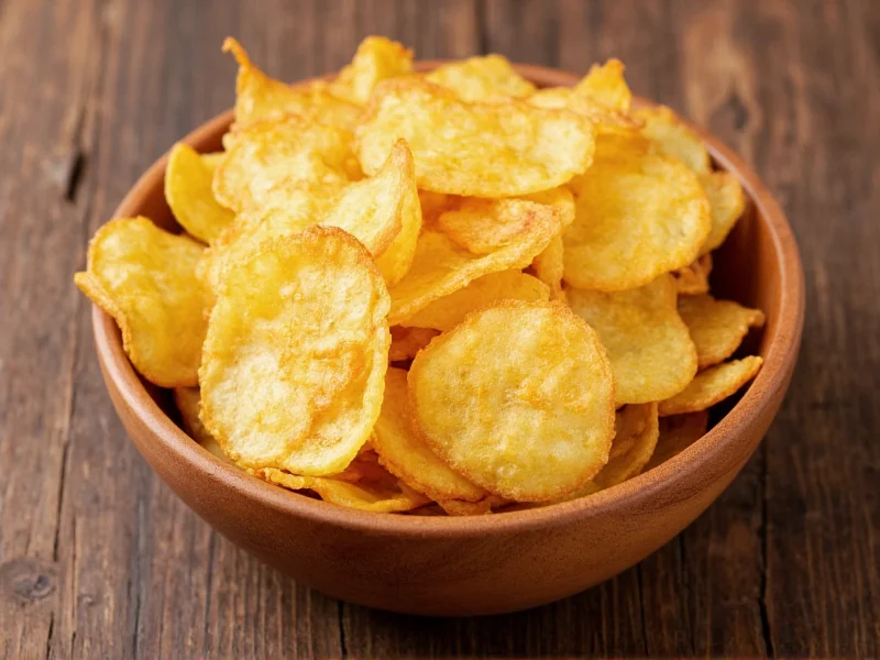 Crispy golden homemade potato chips in wooden bowl