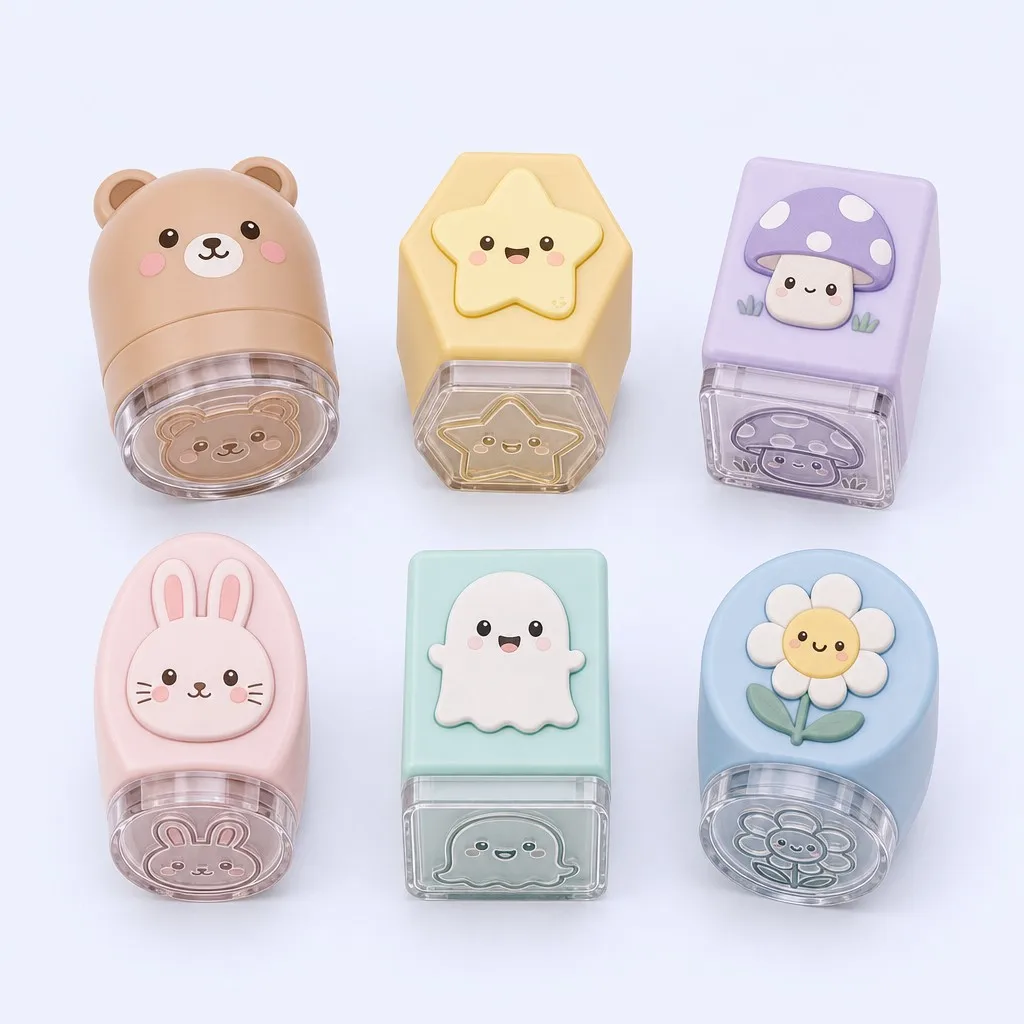 Six kawaii character stamps with sculptural 3D topper designs showing bear star mushroom bunny ghost and flower in pastel colors