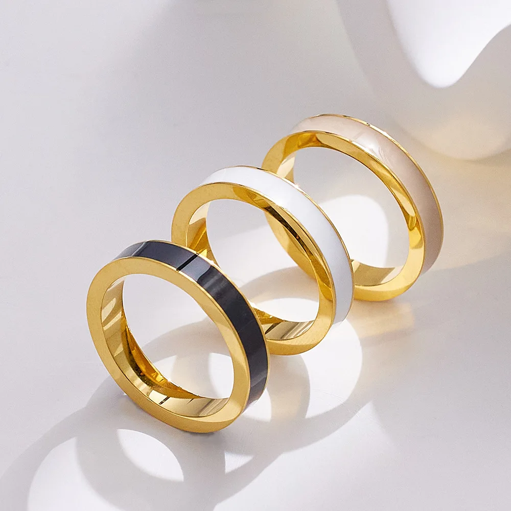 

New Trendy High Polished Oil Drop Titanium Ring Simple Design Tarnish Free Stainless Steel Enamel Rings