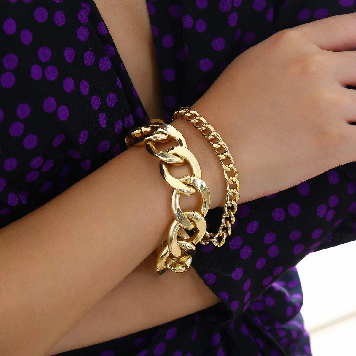 

C&J Golden Thick And Thin Chain Mix And Match Punk Charms Bracelet Bangles Set Bracelets, Picture