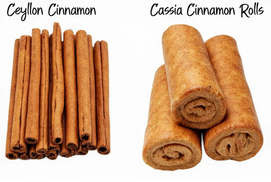 Side-by-side comparison of Ceylon cinnamon sticks versus Cassia cinnamon rolls showing physical differences
