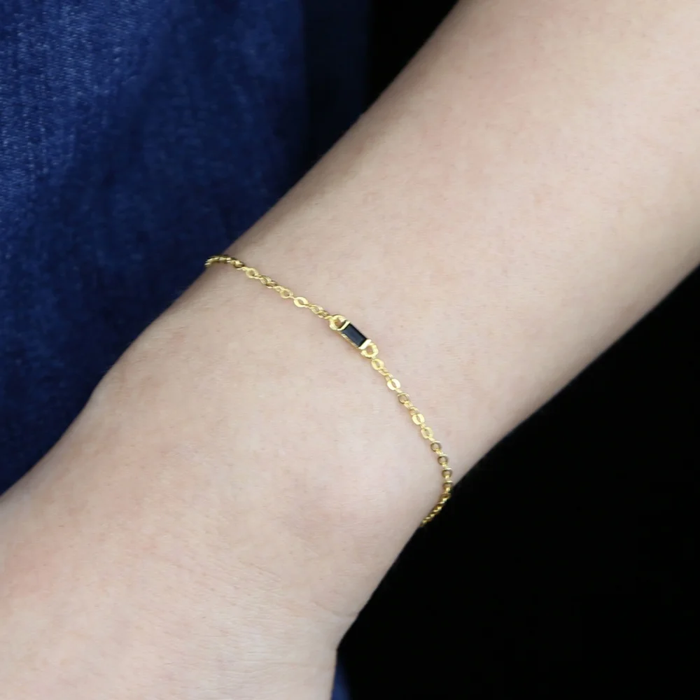 

gold color high quality new fashion female women jewelry micro pave baguette cz bar 925 silver charm thin link chain bracelet