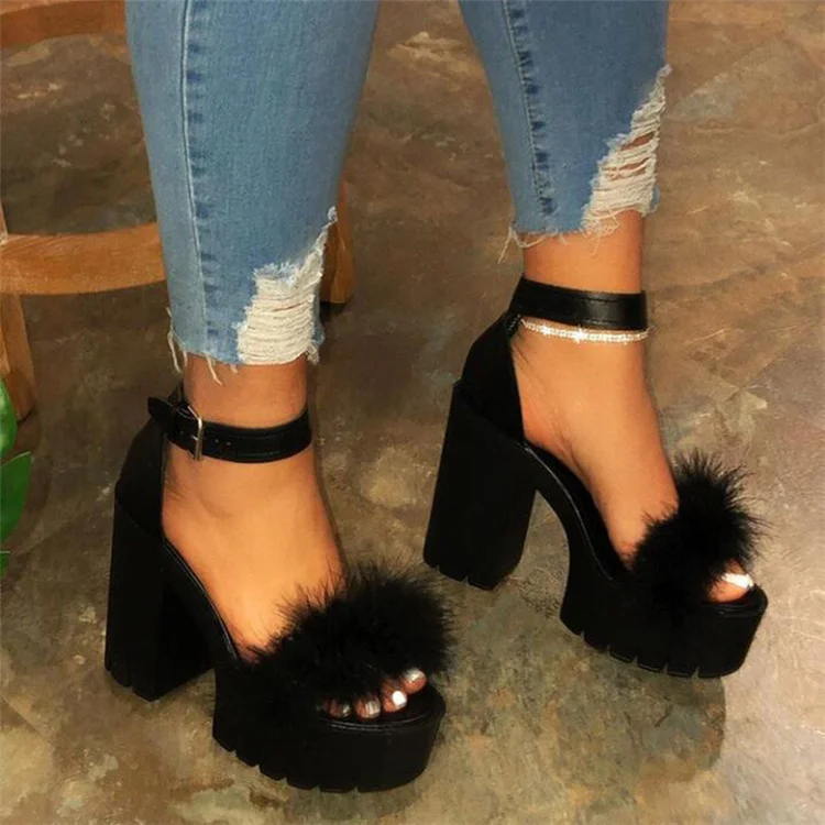

2021 Ankle Strap Fur High Heeled Sandals Summer Womens High Heels Sandals With Fur