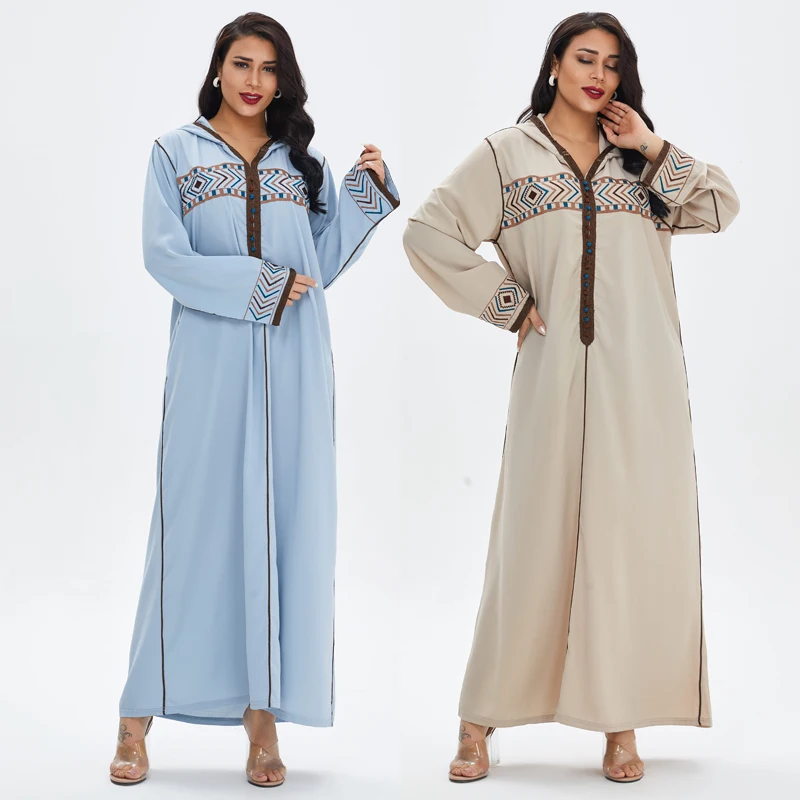 

Muslim Abaya Dubai Islamic Clothing Long Sleeve Cardigan Women Moroccan Robe Plus Size With Hoodie Emboridery Kaftan Maxi Dress, 2 colors in stock