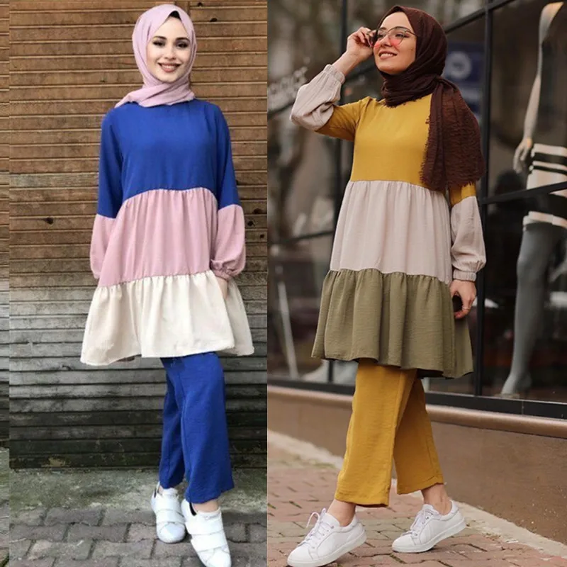 

Latest new women Muslim sets two piece set turkey Islamic clothing top and long pants Kaftan Abaya