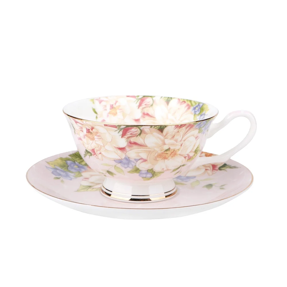 

Wholesale Flower China Bone Coffee Tea Cup Mug Set Saucer, Customized color