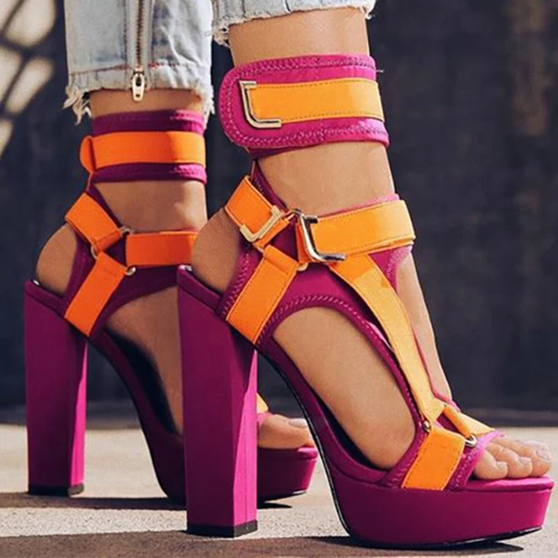 

WETKISS 2021 Plus Size 43 Sexy Platform Sandals High Chunky Heel Sandals Women Summer Gladiator Sandals Wholesale, Black, red
