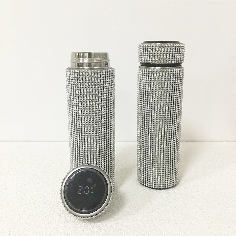 

Diamond Straight Tumbler with LED Touch Screen Display Temperature Rhinestone Skinny Cups Stainless Steel Vacuum Water Bottle