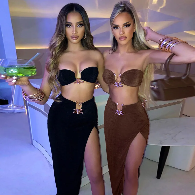 

2022 New Arrivals Sexy Hollow Clothing Women Solid Color Sleeveless Bra Tube Top Skirt Two Piece Set Long Skirt Set