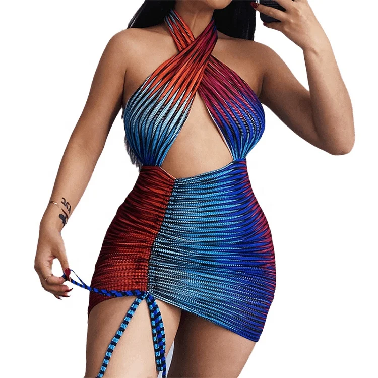 

2021 Fashionable Crochet Hollow Out Mini Halter Dress Women Colorful Sexy Dress