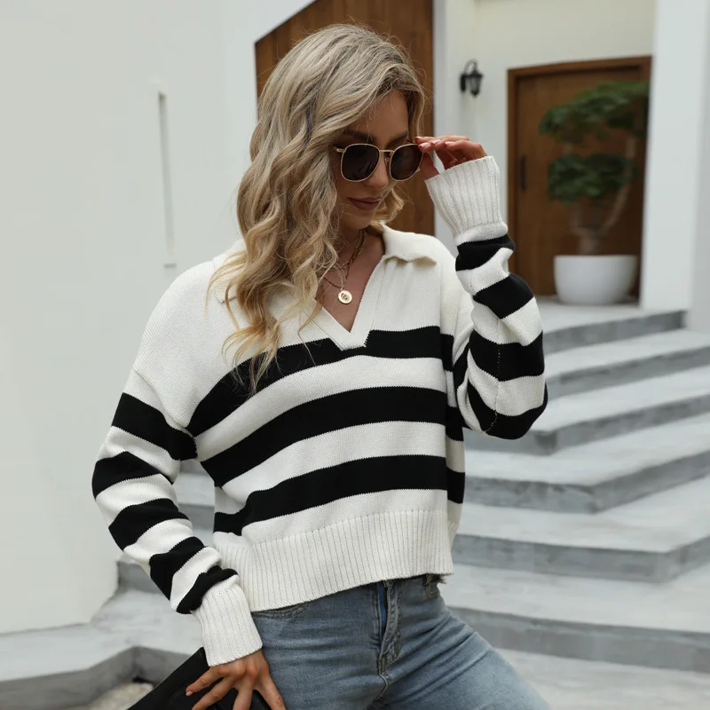 

Long-sleeved Polo Collar Cotton Loose Striped Cardigan Knitted Sweater Coat Factory Custom Autumn and Winter Women 1 Piece