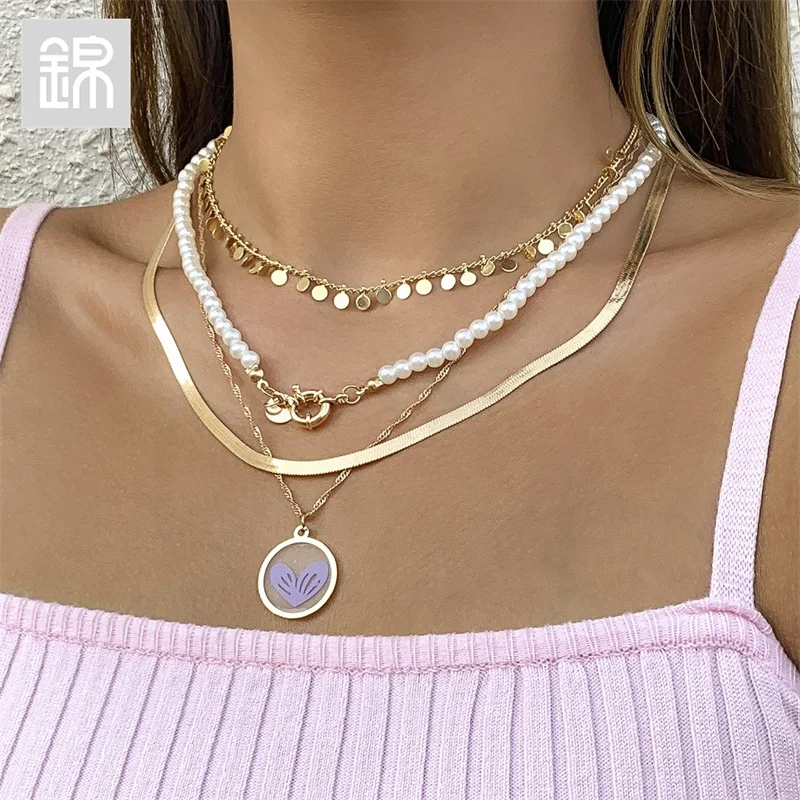 

JY-Mall 2110X02708 Jewelry Necklace copper Iron Alloy Chain Pearl Material Multi Layer Unique Pendant Beautiful Girl Necklace, Picture shows