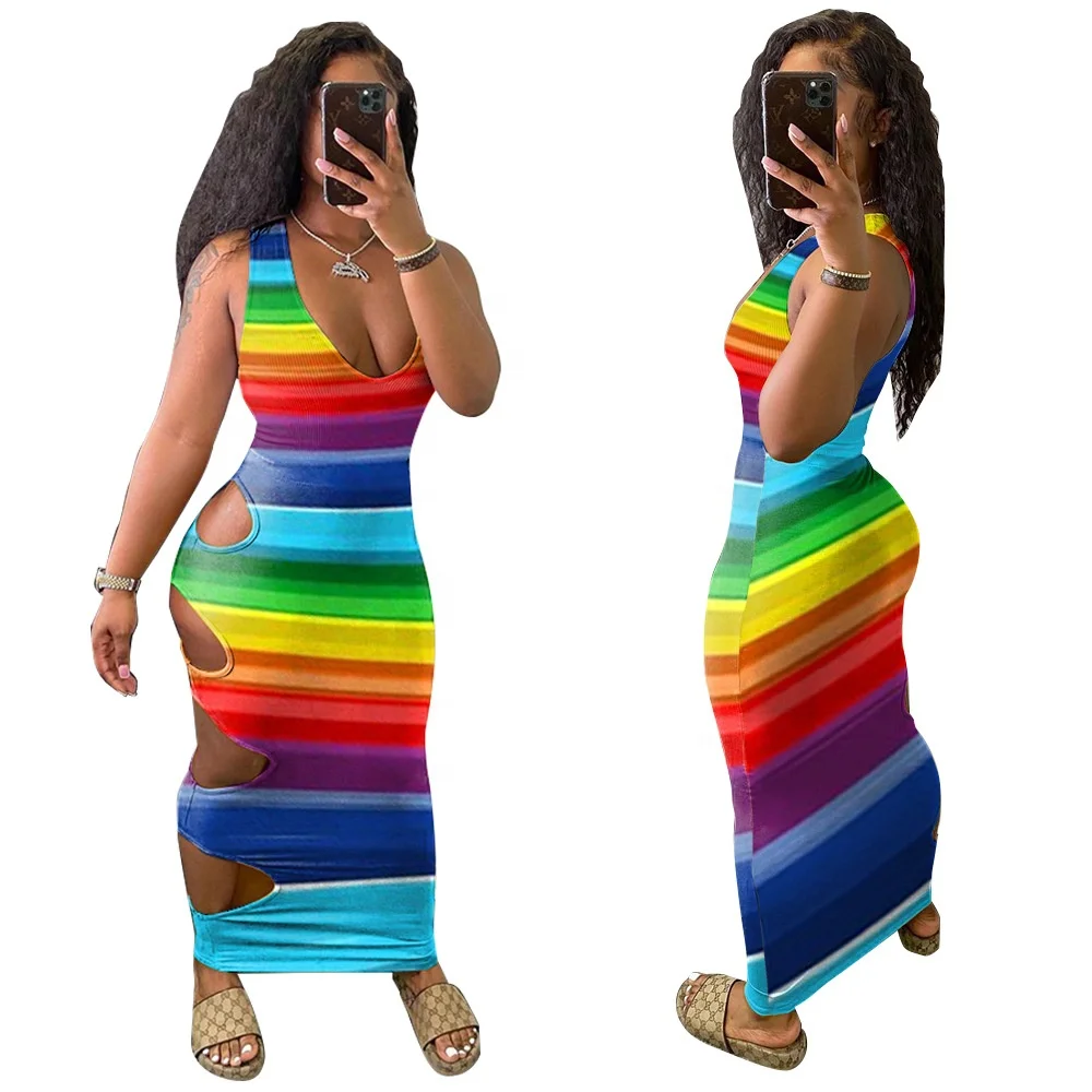 

LW-L9130 Hollow out asymmetrical rainbow stripe tie dye women summer long stripe t shirt dress