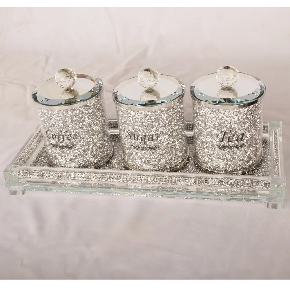 
Black Writing Kitchen Storage Silver Trimmings Crystal Filled Diamond Crushed Tea Coffee Sugar Canisters Jars 