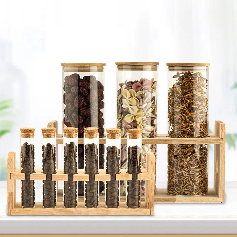 

Multi-Function Creative Wooden Sealed Kitchen Food Storage Container glass sealing jar Bamboo Display Stand for Coffee Beans